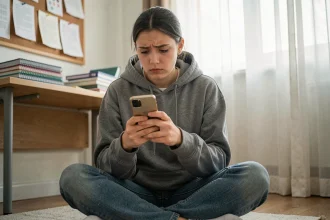 Adolescente consultant son téléphone sur le sol de sa chambre, expression préoccupée face à un contenu dangereux sur les réseaux sociaux