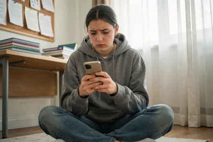 Adolescente consultant son téléphone sur le sol de sa chambre, expression préoccupée face à un contenu dangereux sur les réseaux sociaux