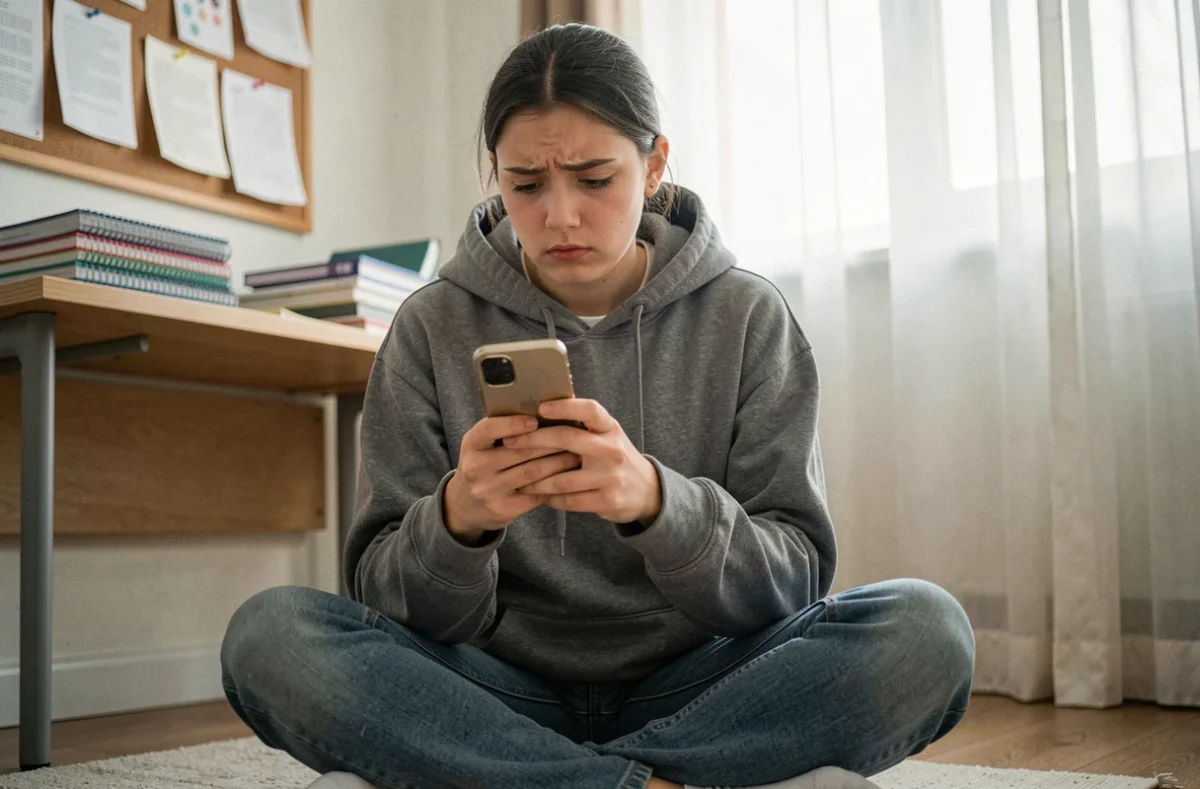 Adolescente consultant son téléphone sur le sol de sa chambre, expression préoccupée face à un contenu dangereux sur les réseaux sociaux