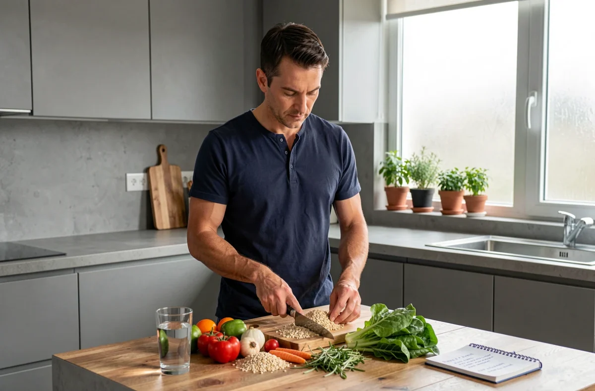 Homme en bonne santé préparant un repas équilibré malgré un taux de gamma GT élevé inexpliqué