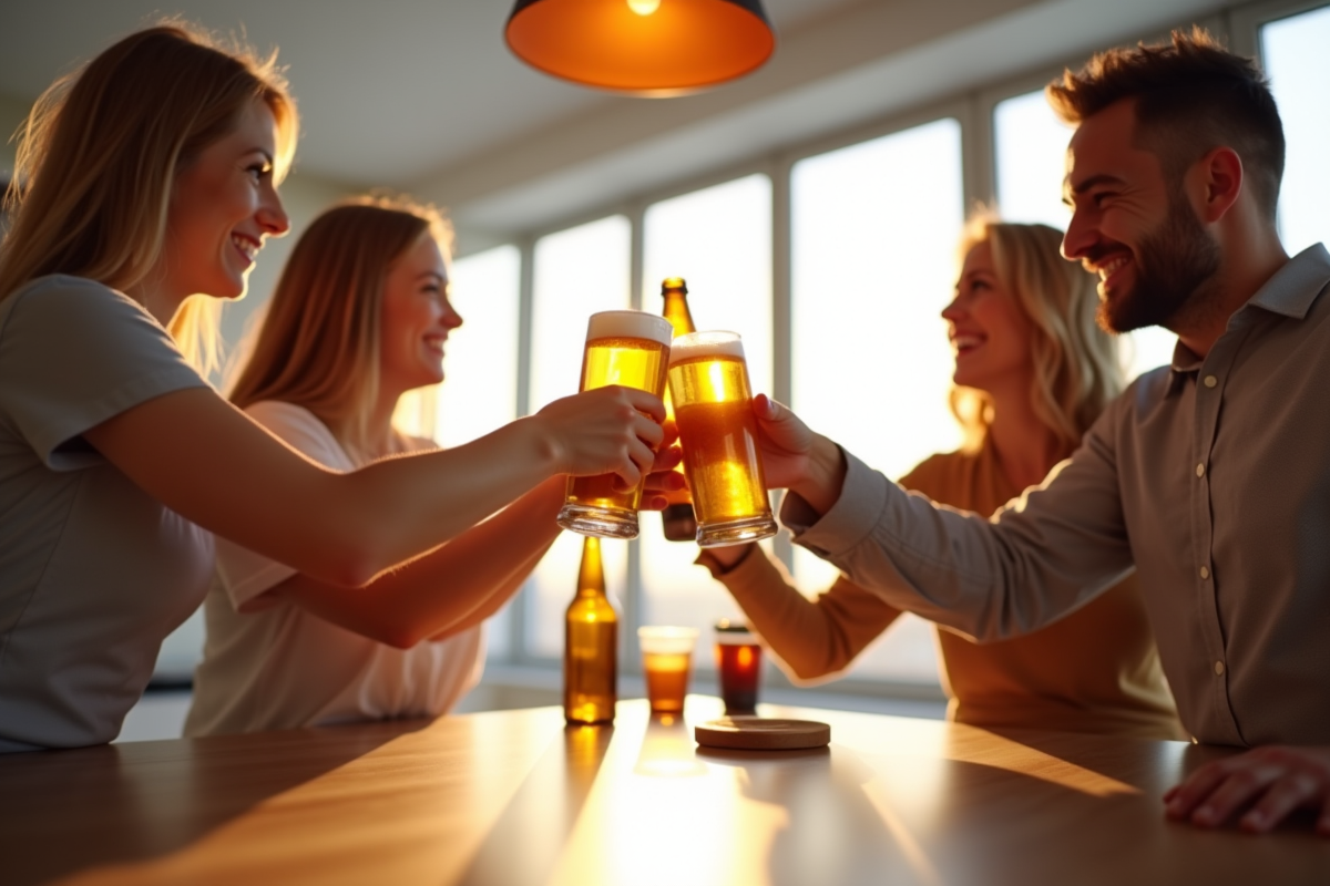 Groupe d amis trinquant avec biere sans gluten dans une cuisine lumineuse
