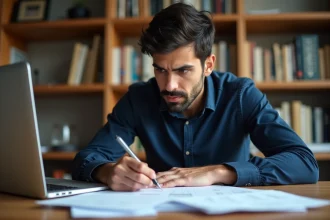 Homme analysant des critiques et avis en ligne sur des documents imprimés dans un bureau moderne avant de prendre une décision d'investissement