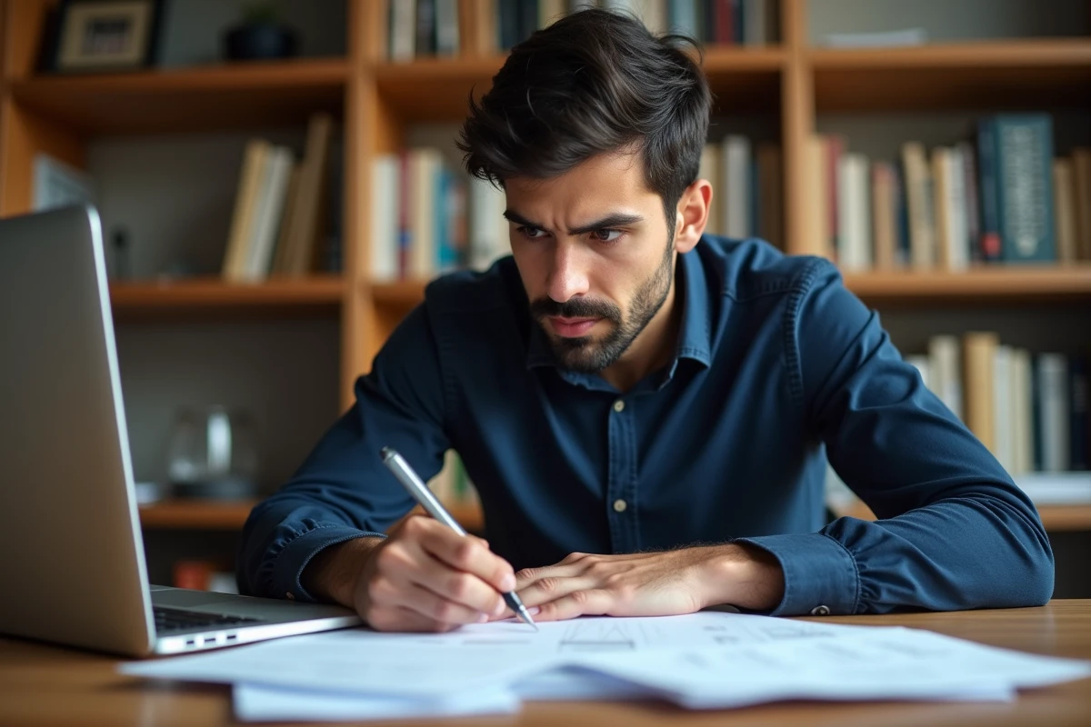 Homme analysant des critiques et avis en ligne sur des documents imprimés dans un bureau moderne avant de prendre une décision d'investissement