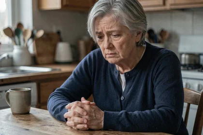 Femme d'une cinquantaine d'années à l'air anxieux assise à une table de cuisine, illustrant les troubles de l'humeur liés à la leucopathie vasculaire