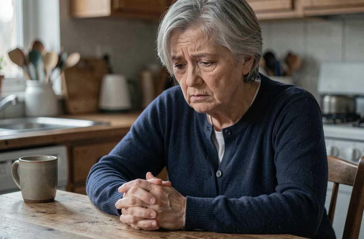 Femme d'une cinquantaine d'années à l'air anxieux assise à une table de cuisine, illustrant les troubles de l'humeur liés à la leucopathie vasculaire