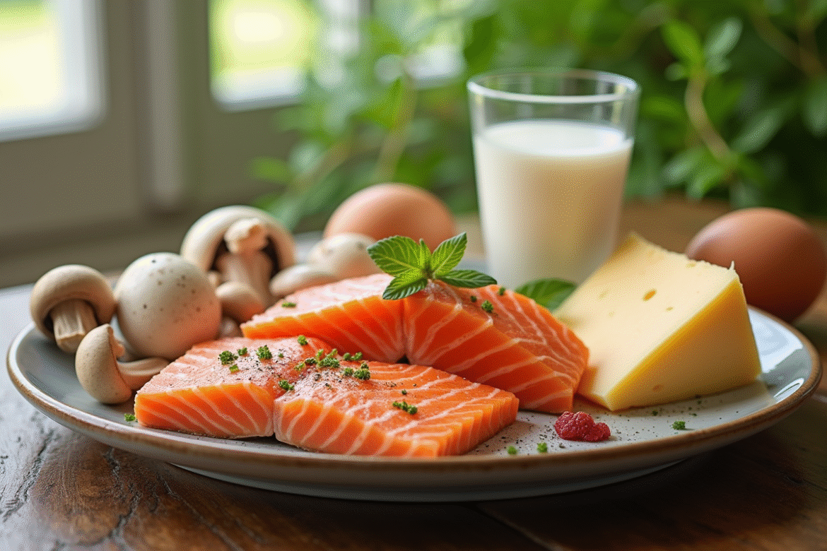 Assortiment coloré d'aliments riches en vitamine D sur une table en bois