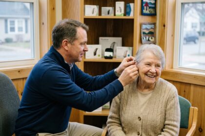 Audiologiste aidant une femme âgée dans une salle chaleureuse