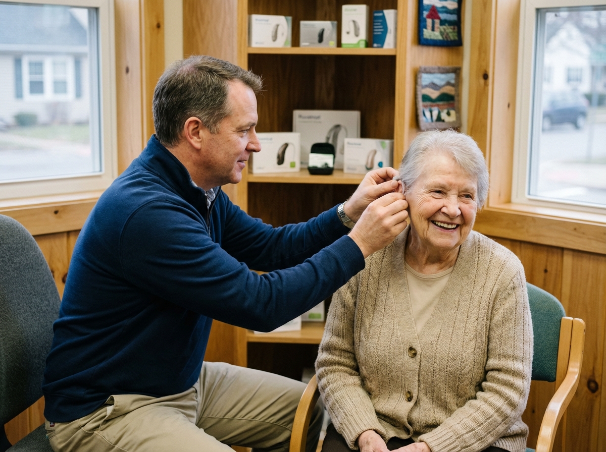 Audiologiste aidant une femme âgée dans une salle chaleureuse