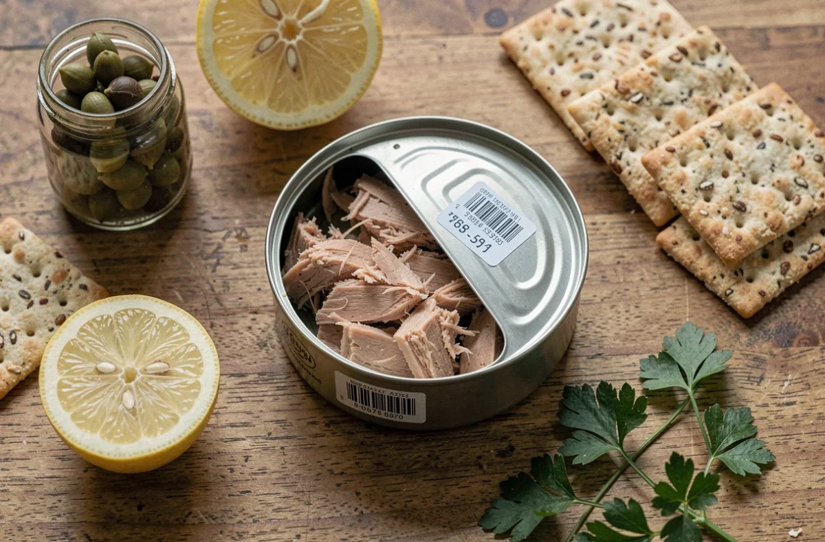 Boîte de thon bon marché entourée d'ingrédients sains sur une table en bois