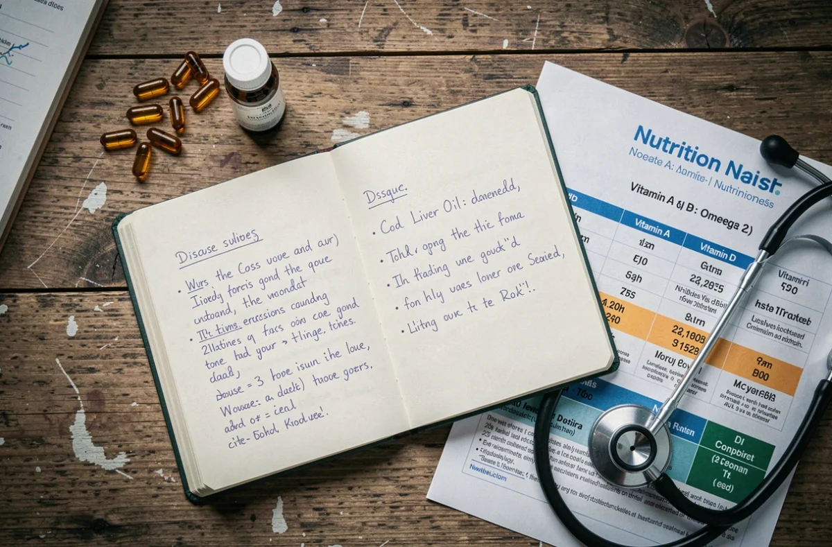Bureau de nutritionniste avec flacon d'huile de foie de morue, capsules oméga-3 et notes sur les dosages et contre-indications