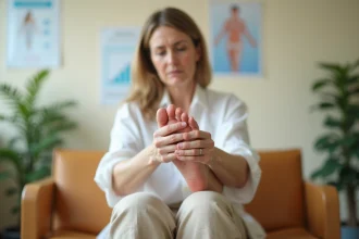 Femme d'âge mûr examinant son orteil douloureux en salle d'attente médicale, illustrant les symptômes de la bursite de l'orteil
