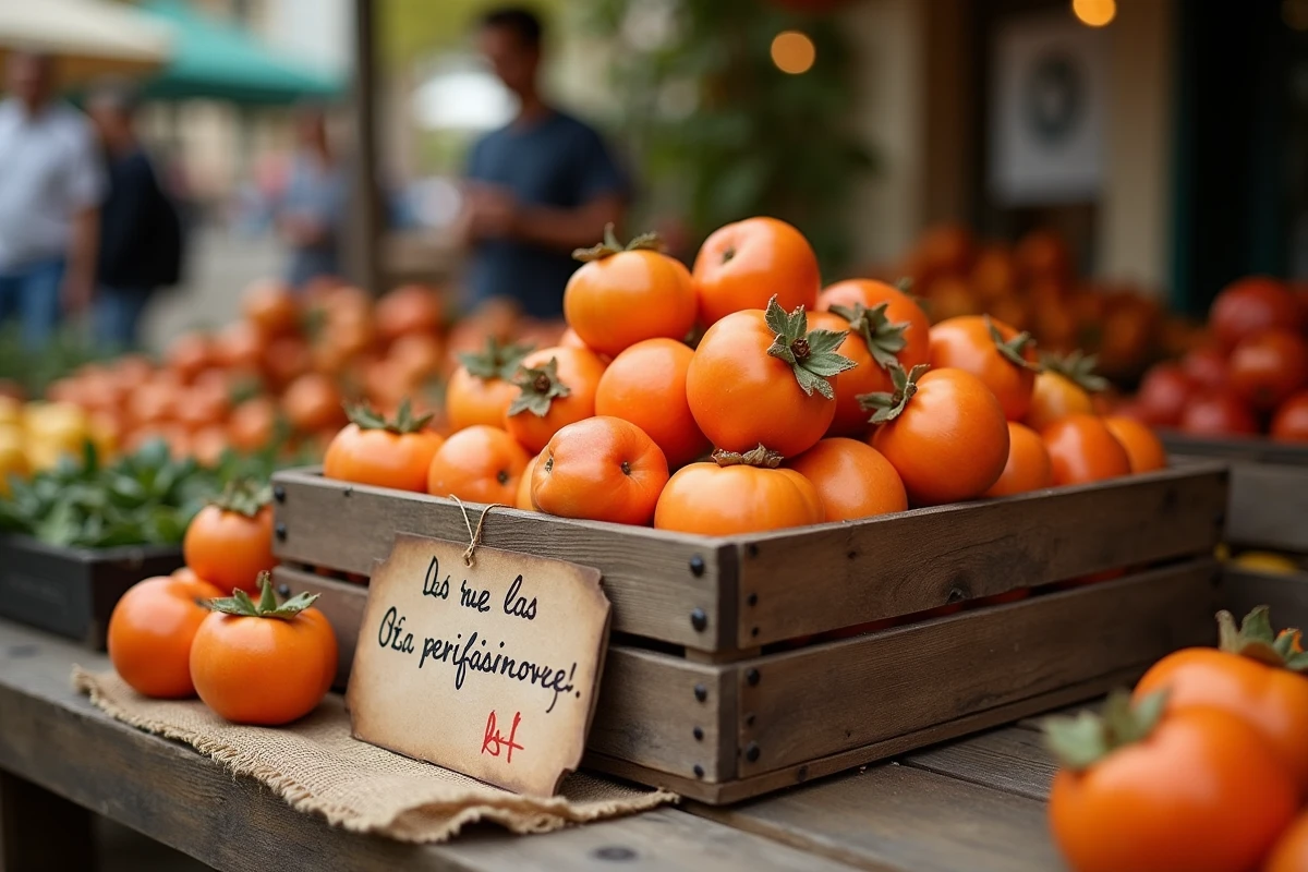 Caisse en bois remplie de kakis frais récoltés sur un marché de producteurs en automne, symbolisant la saisonnalité et les bienfaits du kaki pour la santé cardiovasculaire
