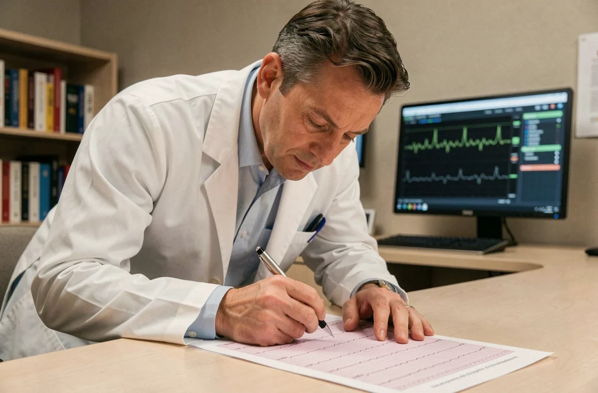 Cardiologue analysant un tracé ECG papier sur son bureau dans un bureau hospitalier moderne, stylo à la main