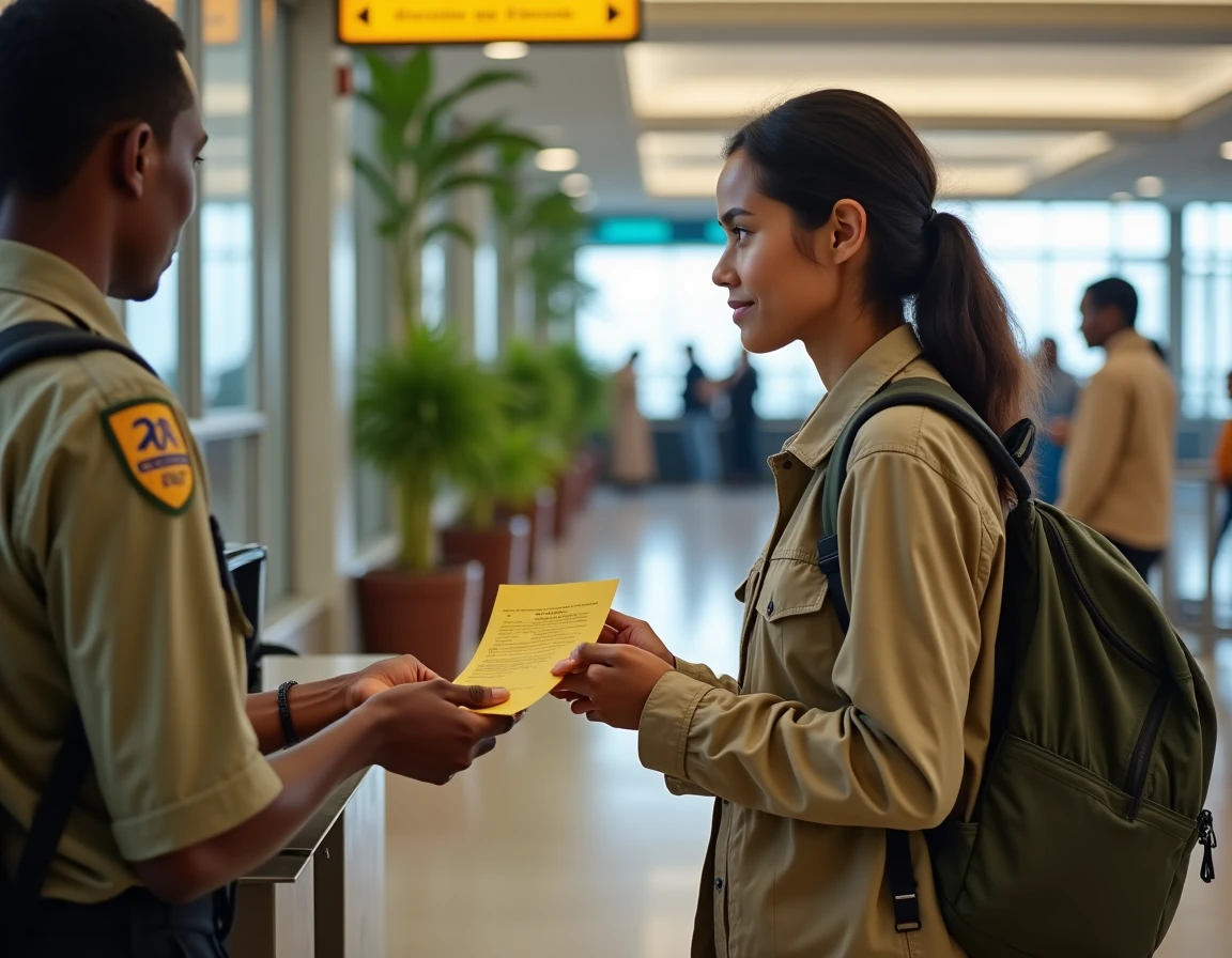 Voyageuse présentant son carnet de vaccination international à un checkpoint sanitaire dans un aéroport en Tanzanie