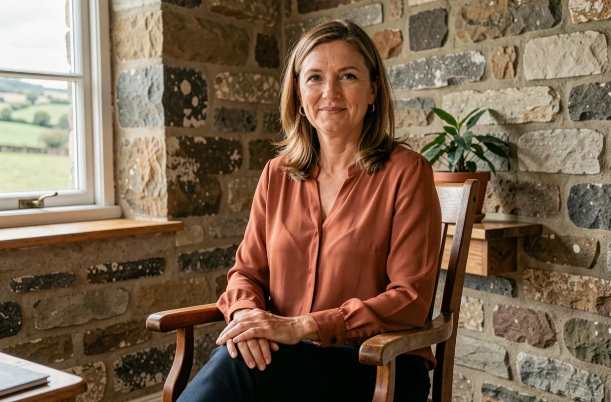 Psychologue dans son cabinet à Plomelin avec vue sur la campagne du Finistère, représentant Caroline Dreno