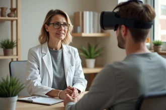 Thérapeute en cabinet observant un patient portant un casque de réalité virtuelle thérapeutique lors d'une séance de soin