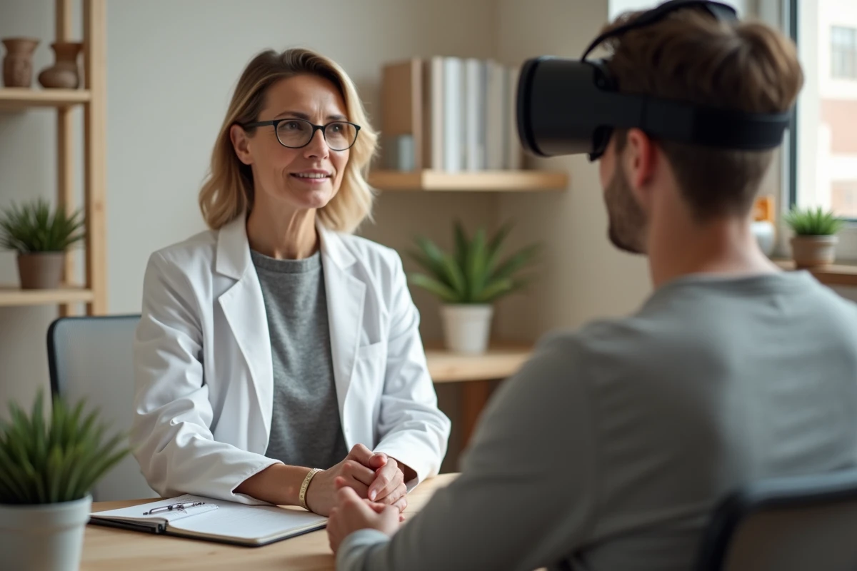 Thérapeute en cabinet observant un patient portant un casque de réalité virtuelle thérapeutique lors d'une séance de soin
