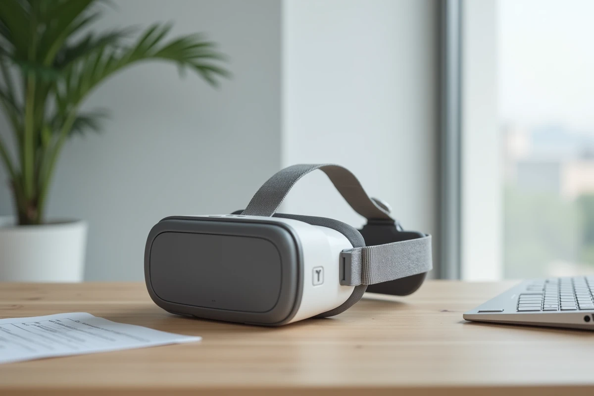 Casque de réalité virtuelle thérapeutique posé sur un bureau en bois dans un cabinet médical avec document comparatif de prix