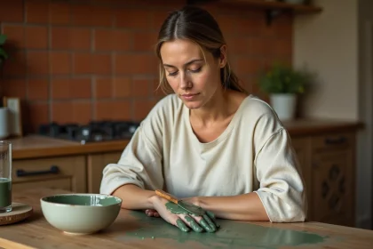 Femme appliquant un cataplasme d'argile verte sur l'avant-bras à table, avec une spatule en bois et un bol en céramique