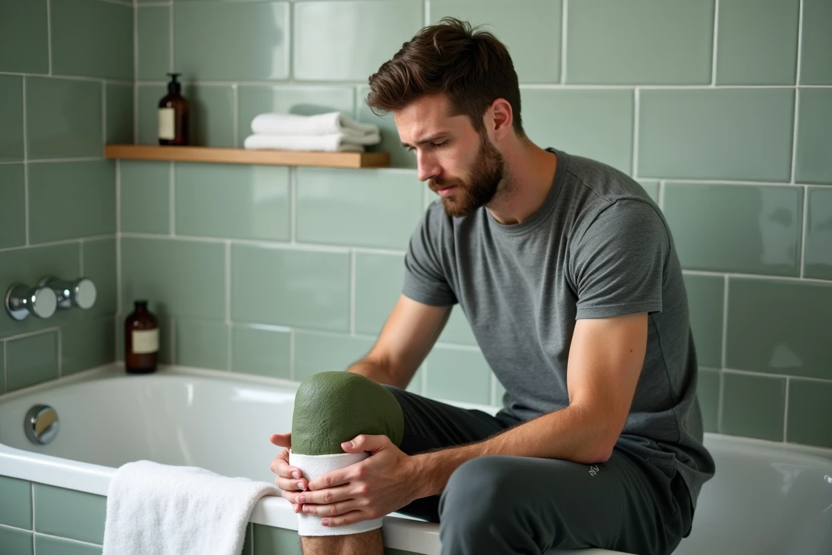 Homme appliquant un cataplasme d'argile verte sur le genou dans une salle de bain, avec bandage en gaze blanche