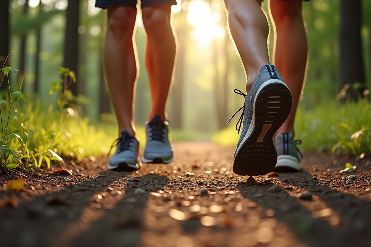 Détail de chaussures de sport sur un sentier forestier ensoleillé