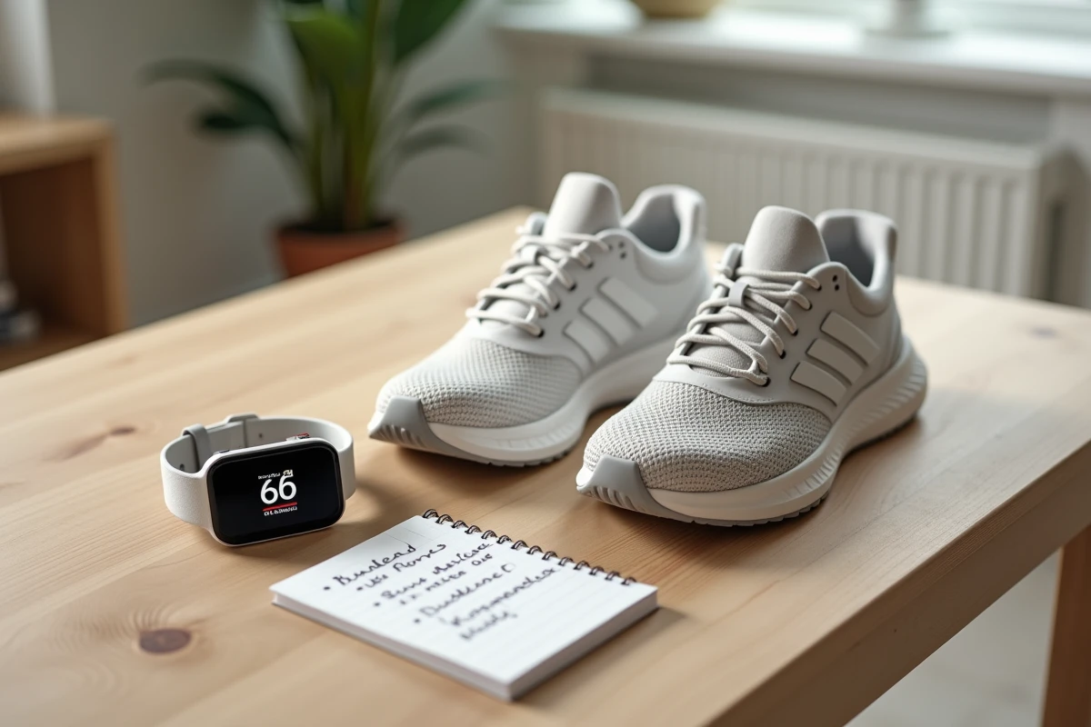 Chaussures de sport usées et traceur de fitness affichant un compteur de pas posés sur un bureau en bois avec des notes sur la distance en kilomètres