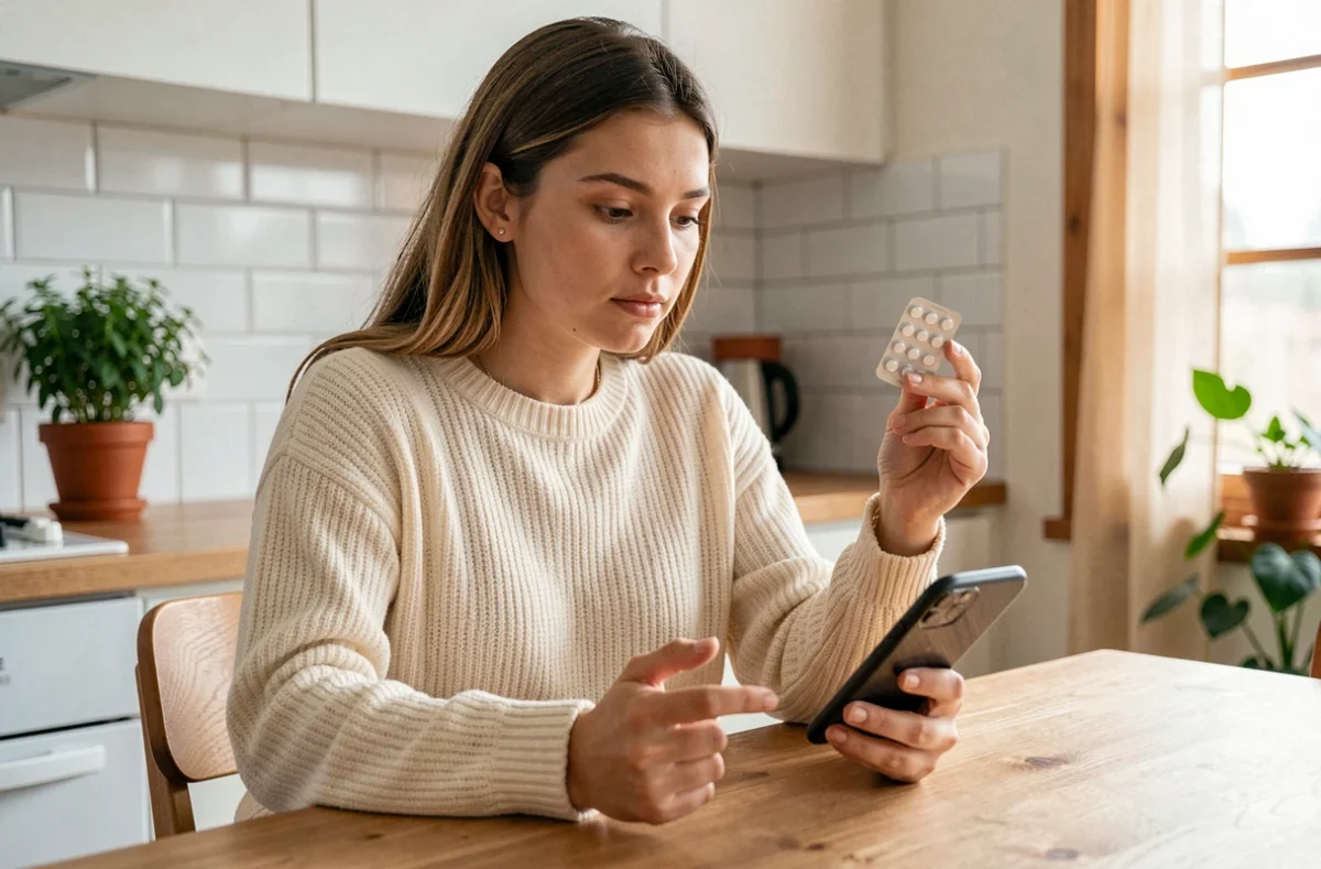 Jeune femme tenant une plaquette de pilule contraceptive et consultant son téléphone, illustrant la question de la compatibilité entre Circle CLEAR et contraception hormonale