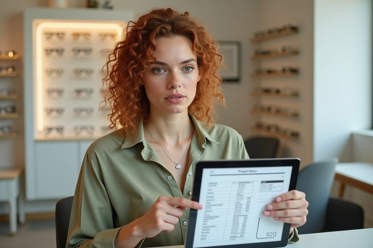 Cliente en opticien consultant un outil numérique de calcul d'épaisseur de verres correcteurs sur tablette