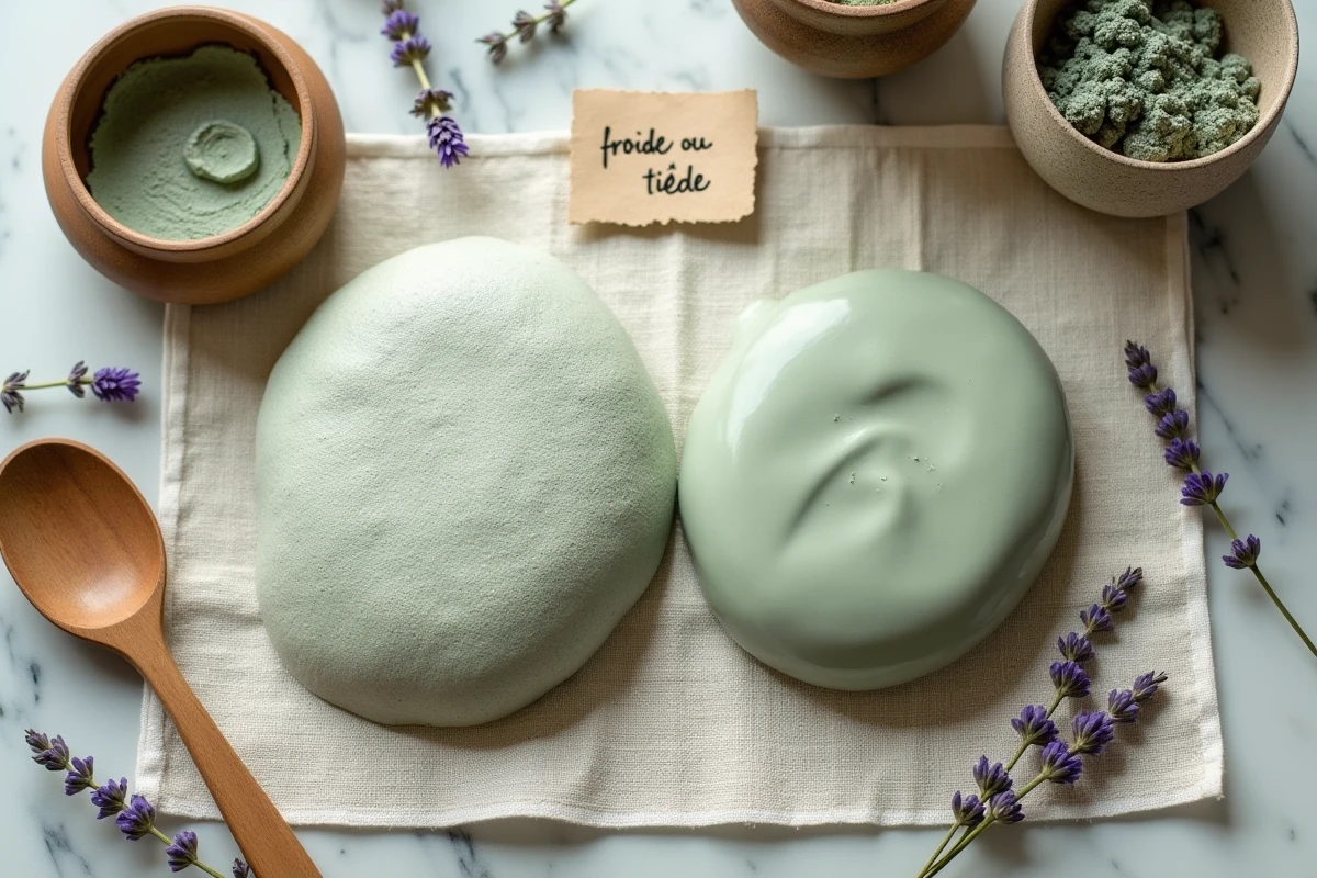 Comparaison visuelle de deux cataplasmes d'argile verte, l'un froid et l'autre tiède, posés sur un tissu en lin avec des accessoires naturels