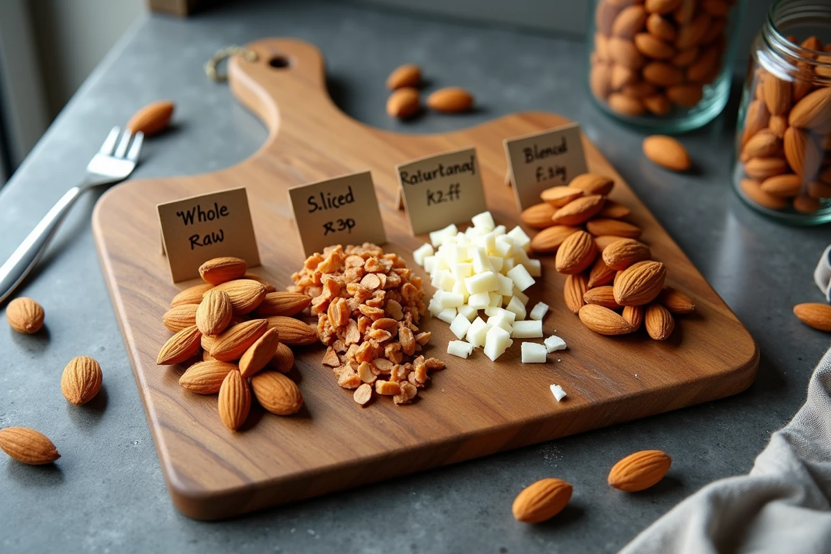 Quatre portions d'amandes différentes étiquetées avec calories sur une planche en bois, vue comparée des variétés et grammages