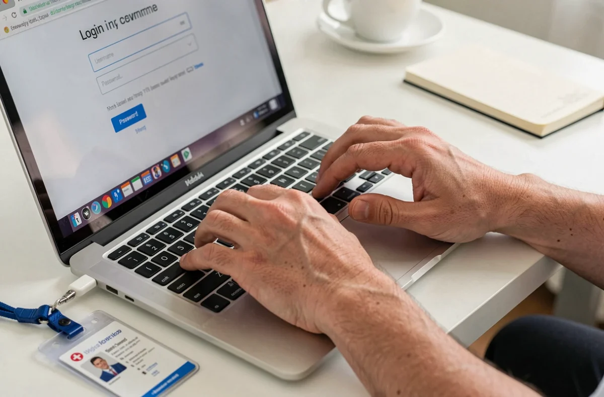 Gros plan sur les mains d'un professionnel de santé tentant de se connecter au logiciel Netsoins sur un ordinateur portable