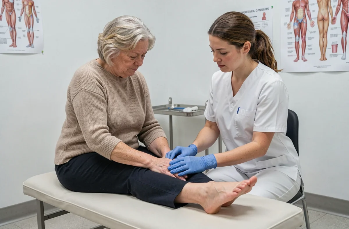 Femme diabétique en consultation médicale pour brûlures aux pieds, examen podologique par un professionnel de santé