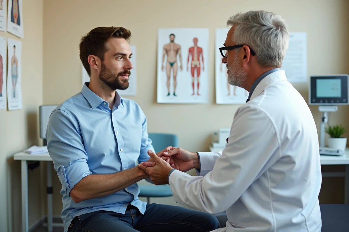 Médecin examinant le bras gauche d'un jeune patient adulte lors d'une consultation pour fourmillements