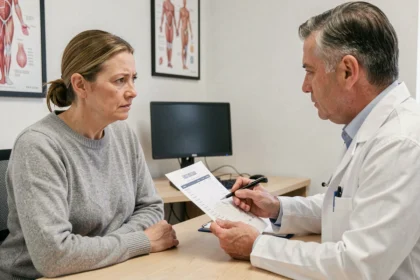 Patiente et médecin discutant d'un résultat de gamma GT élevé lors d'une consultation médicale