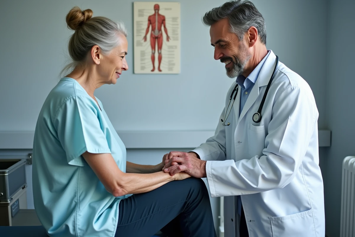 Médecin examinant la jambe d'une patiente âgée lors d'une consultation pour artériopathie des membres inférieurs