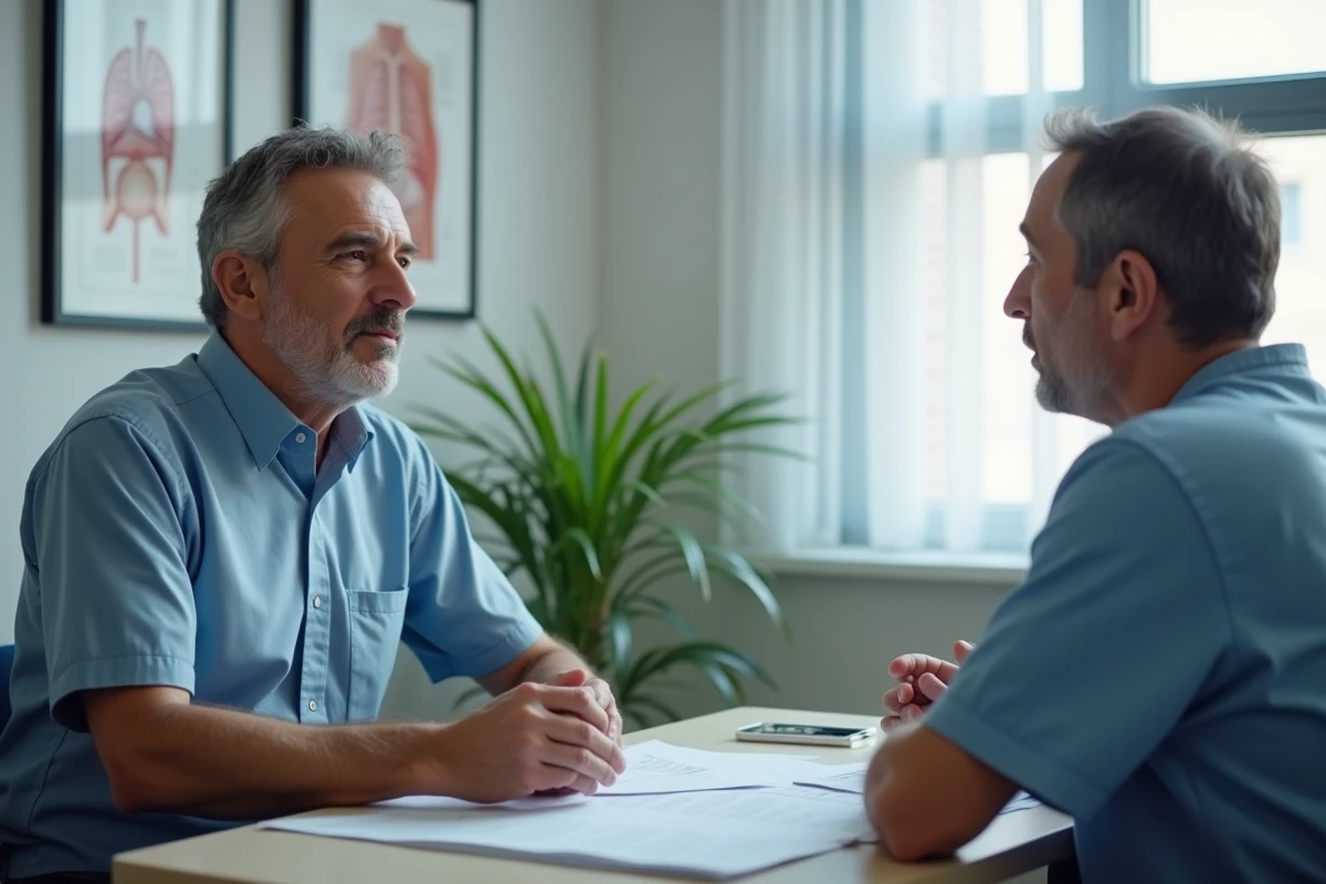 Patient discutant de résultats d'analyses sanguines avec son médecin lors d'une consultation oncologique