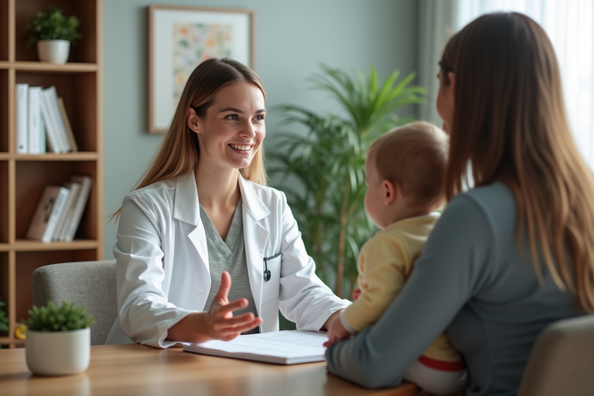 Médecienne en consultation avec parents et enfant