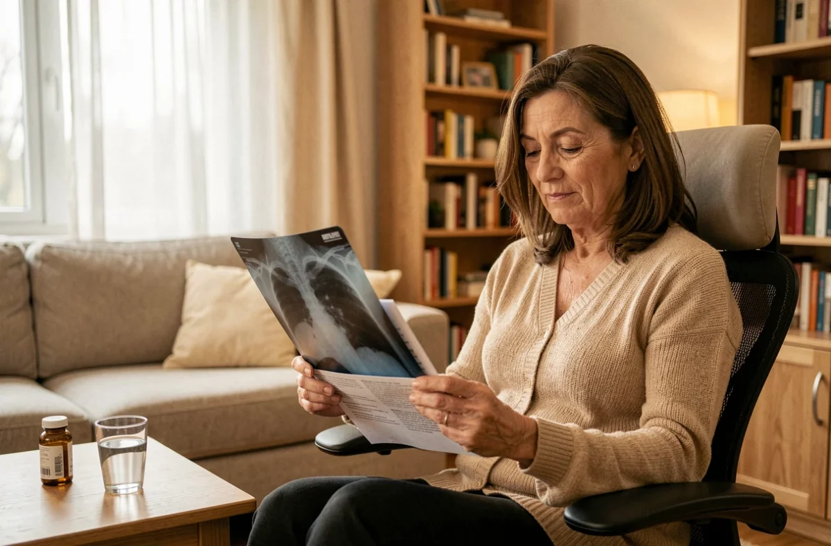 Femme en convalescence à domicile consultant ses documents médicaux après une fracture du bassin