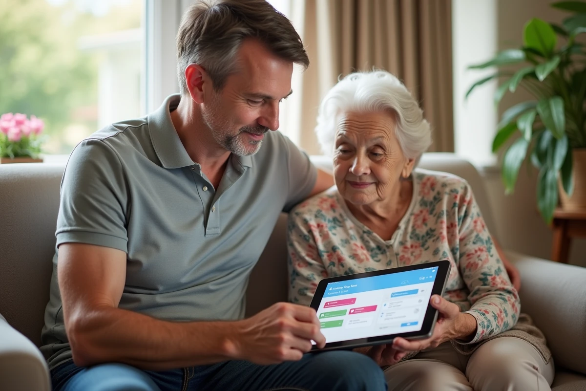 Coordinateur de soins et résidente âgée consultant ensemble un plan de soins personnalisé sur une tablette