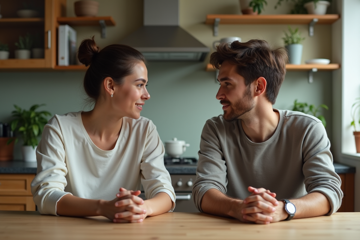 Jeune couple discutant dans une cuisine chaleureuse