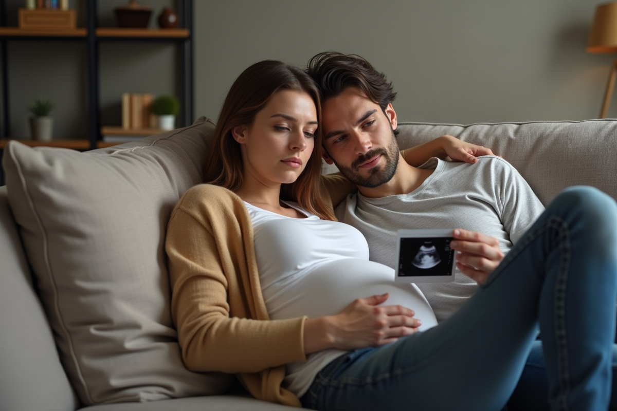 Couple dans le salon avec image d