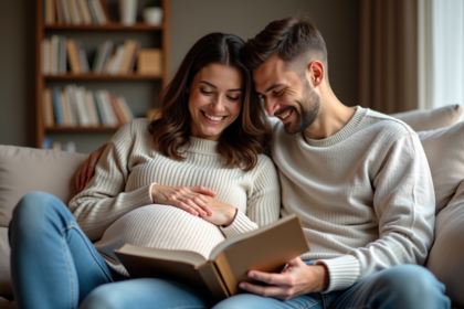 Jeune couple enceinte lisant un livre dans le salon
