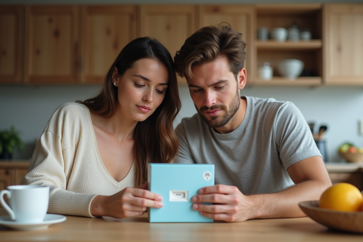 Jeune couple lisant un test de grossesse à la cuisine