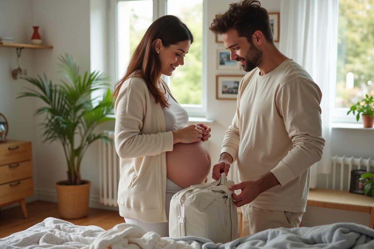 Couple préparant un sac de maternité à la maison