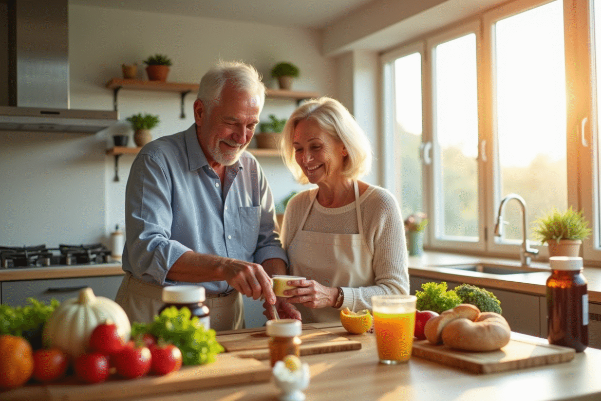 Couple senior souriant préparant un petit déjeuner sain dans une cuisine lumineuse