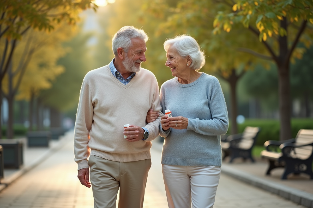Couple senior marche dans un parc paisible en discutant