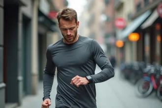 Coureur en ville consultant sa montre connectée avec une expression perplexe, illustrant une erreur de calcul de pas en kilomètres sur un tracker d'activité