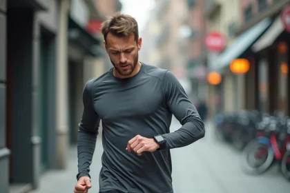 Coureur en ville consultant sa montre connectée avec une expression perplexe, illustrant une erreur de calcul de pas en kilomètres sur un tracker d'activité