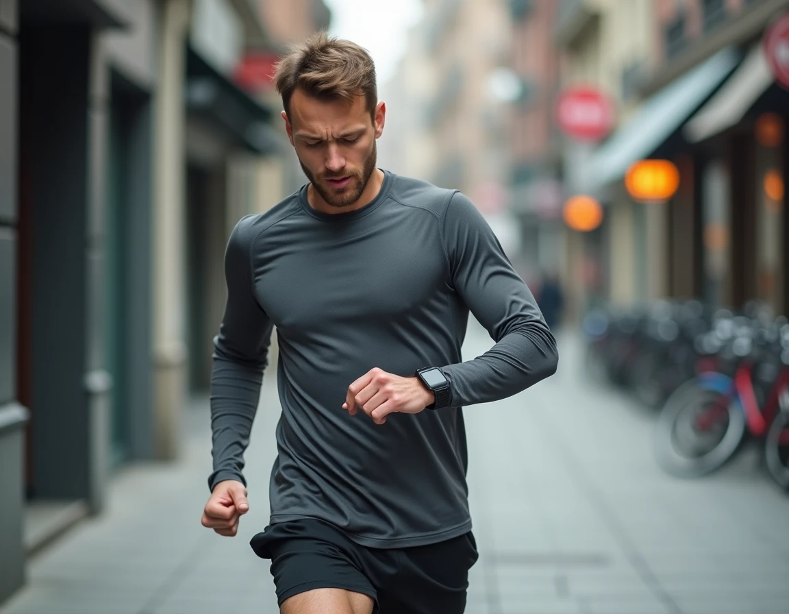 Coureur en ville consultant sa montre connectée avec une expression perplexe, illustrant une erreur de calcul de pas en kilomètres sur un tracker d'activité