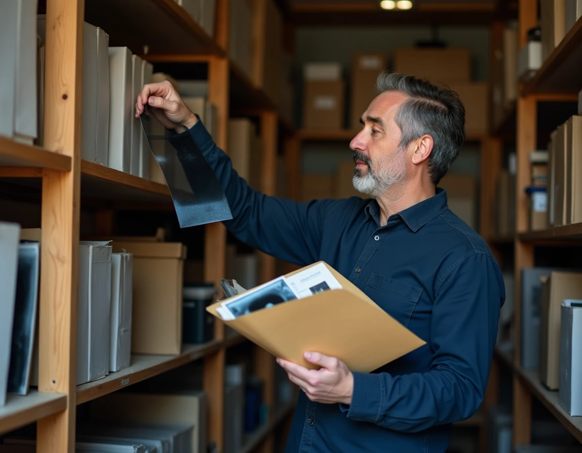 Homme découvrant de vieilles radiographies dans un placard de rangement encombré avant de les trier pour les éliminer correctement